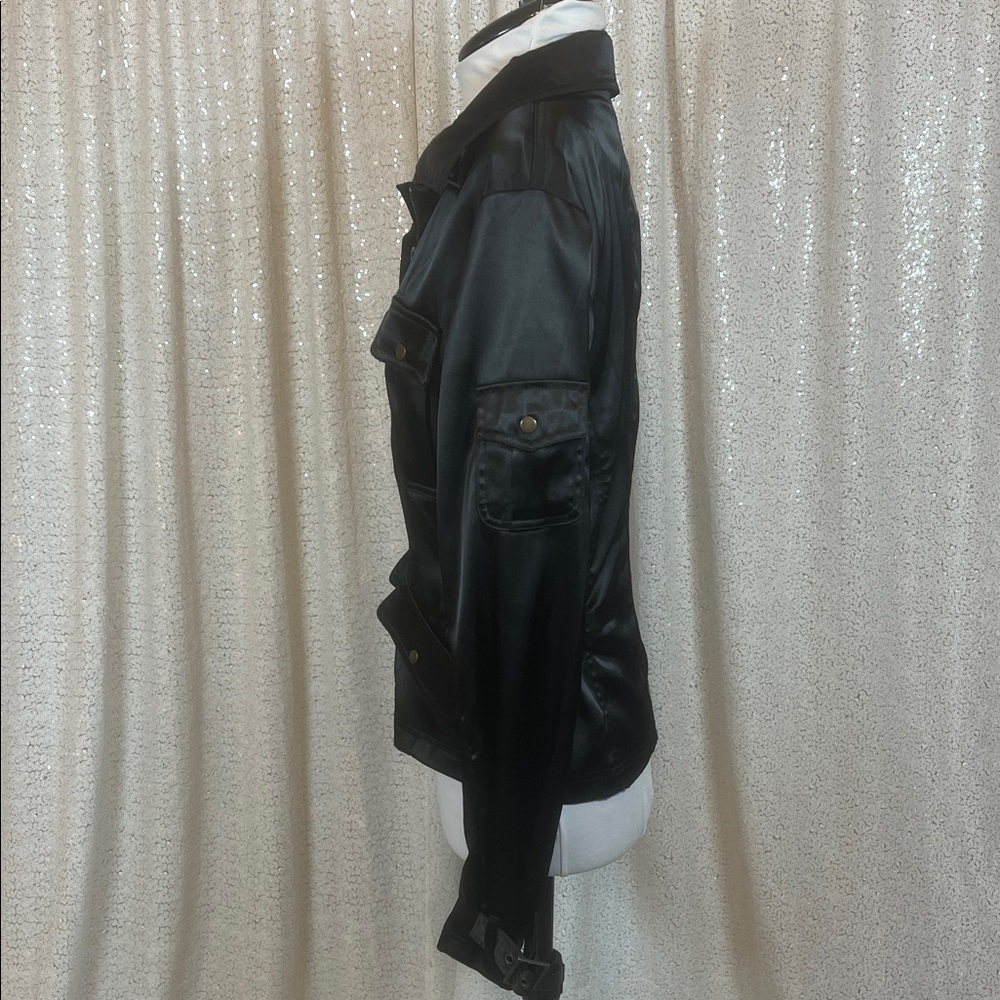 Black Satin Women's Utility Jacket - Picture 2 of 7